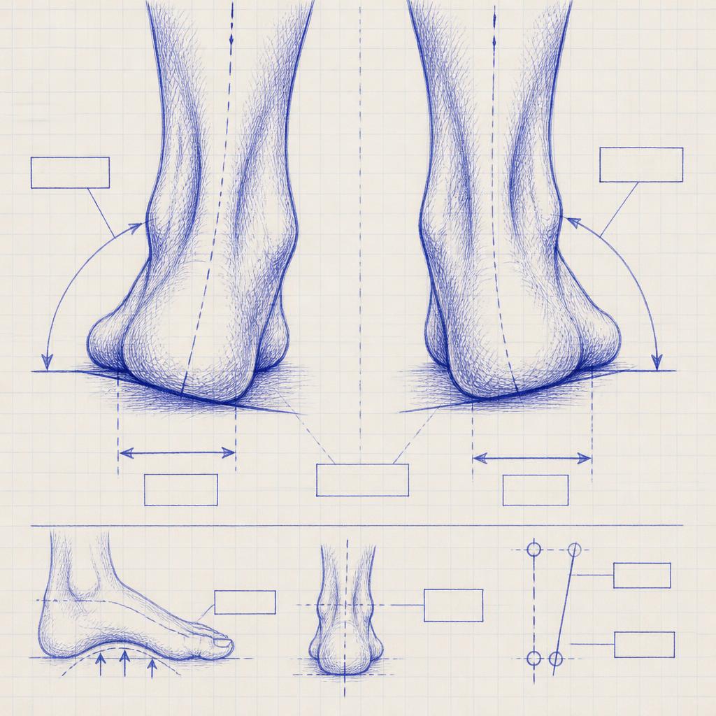 Handritad skiss av foten bakifrån som visar pronation och supination med vinkelmarkeringar