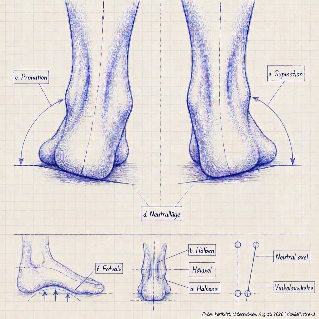 Handritad skiss av foten bakifrån som visar pronation och supination med vinkelmarkeringar